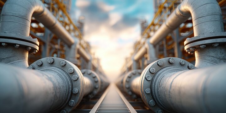 Industrial pipeline system with large metal pipes stretching into the distance at sunset