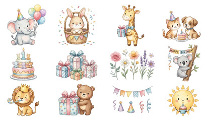 Pastel birthday clipart with bear, bunny, giraffe, gifts and cake party set. Collection of Vector illustrations. Perfect for invitation, card, poster, banner, decoration © maria