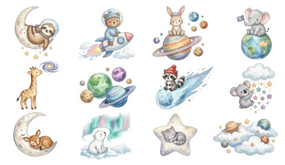Whimsical nursery clipart set. Cute celestial nursery set with sloth, bear, bunny and elephant clipart art. Collection of Vector illustrations. Perfect for invitation, card, poster, banner, decoration © maria