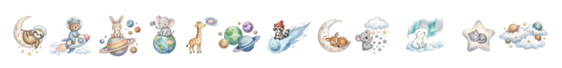 Whimsical nursery clipart. Pastel space nursery set with moon, planets and adorable animal clipart art. Collection of Vector illustrations. Perfect for invitation, card, poster, banner, decoration © maria