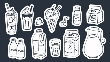 Milk and dairy doodle sticker set with bottles, carton, jug, milkshake, ice cream and drinks. Hand drawn line illustration collection for menu, packaging, cafe and food design.