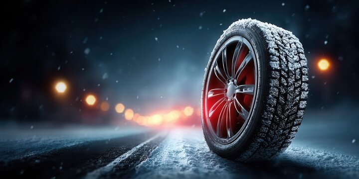 Close-up of a snow-covered tire on a winter road at night with bokeh lights