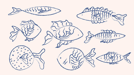 Doodle crayon drawing of sea animals. Vintage ink sketch style minimalist fishes. Hand drawn retro style vector illustration.