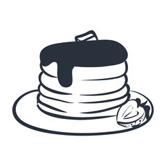 Breakfast food doodle illustration. Hand drawn line illustration of pancakes with butter and strawberry for cafe menu, packaging and food design.