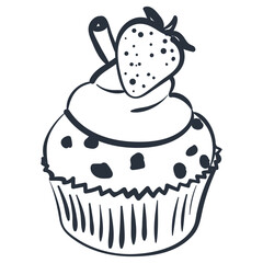 Hand drawn doodle cupcake with strawberry. Line illustration of muffin for cafe menu, packaging and food design.