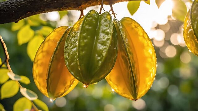 Star fruit hanging on a branch with sunlight shining through the leaves. The fruit is a vibrant yellow and green color, with a star-like shape, ready for harvest