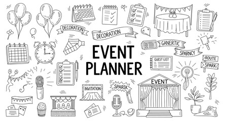 Event planner doodles illustrating various aspects of organizing and executing successful events