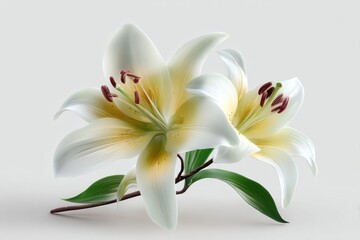 Obraz premium Elegant white lilies with delicate yellow centers and green leaves on a soft background