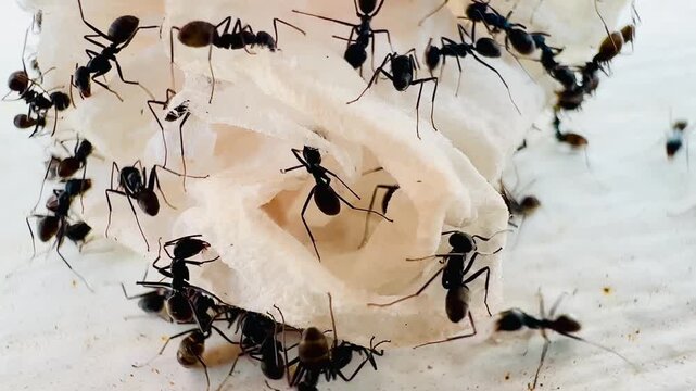 Macro video of black ants swarming and feeding on raw fish flesh. Close-up reveals insect activity around the moist meat and natural scavenging behavior, illustrating decomposition and the ecologica