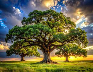 Fototapeta premium Ancient stoic oak trees stand against a dramatic sky, embodying enduring strength and timeless resilience.
