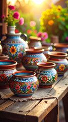 Fototapeta premium Traditional ceramic pottery, hand-painted with vibrant folk motifs, sits on a rustic wooden table.