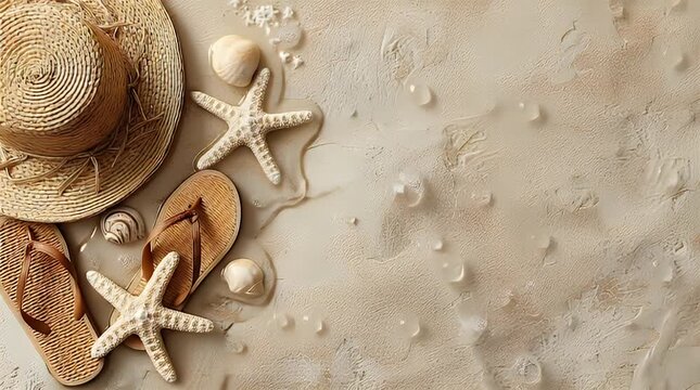 Beach scene with straw hat, seashells, starfish, and flip-flops resting on wet, light-colored sand. Sandy texture fills the frame with gentle waves