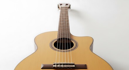 Obraz premium A light brown acoustic guitar leaning against a plain white wall with a subtle shadow