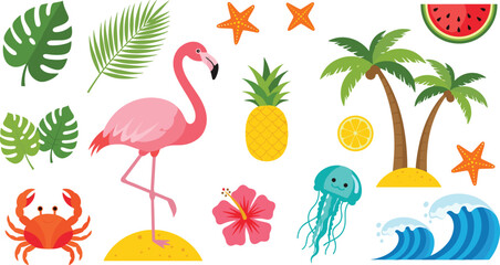 Tropical summer beach elements set with flamingo, palm trees, pineapple, ocean waves and marine icons colorful vector illustration © Prodip
