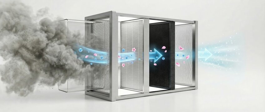 Innovative air filtration technology demonstration modern laboratory visual content clean environment close-up viewpoint efficiency concept