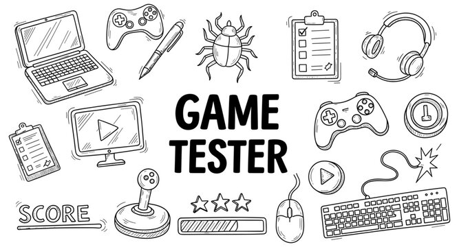 Game tester equipment and symbols in a doodle style, representing the profession