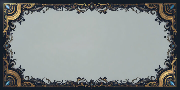 Ornate black and gold frame with blue accents on gray background border