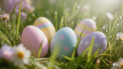 Fototapeta premium Colorful painted Easter eggs hidden in fresh green spring grass with soft morning sunlight, pastel colors, shallow depth of field, cheerful Easter holiday atmosphere, ultra-realistic photography, 4K.