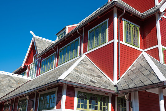 Articulated multi-gabled roof structure of Buksnes Church in Gravdal. Lofoten in Norway.