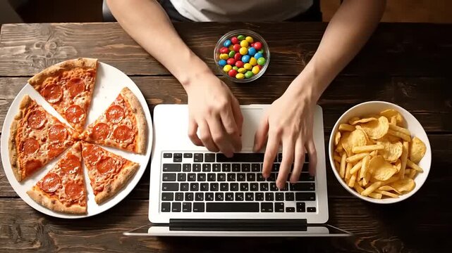 Person typing on laptop near pizza potato chips and colorful candies