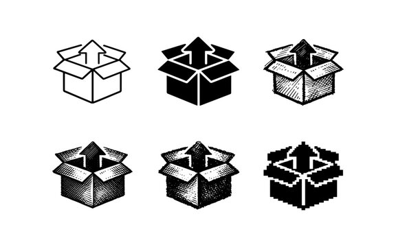 Collection of six different box icons with arrows pointing upwards, symbolizing shipping and delivery