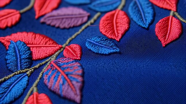 Close-up view of textile. Hand-stitched with thread, colorful leaf design with reds, blues, purples, and green veins on rich blue fabric