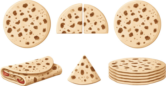 Chapati roti flatbread whole and sliced pieces with rolled wrap, traditional Indian bread food vector illustration set