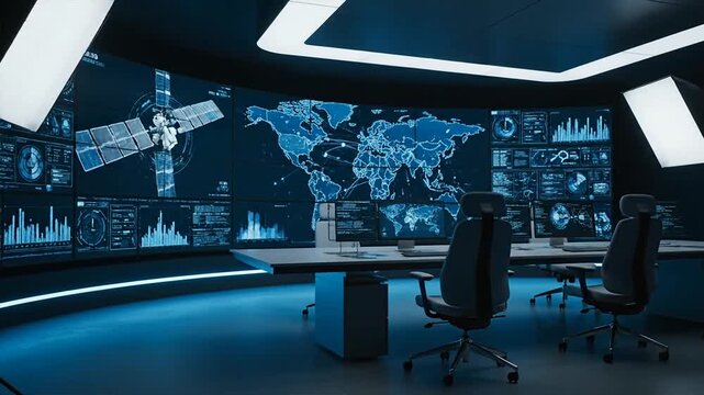 Modern command center digital screens displaying global data and charts