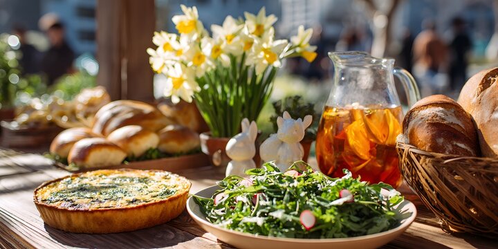 Brunch features a variety of food items with flowers and drinks in a cafe