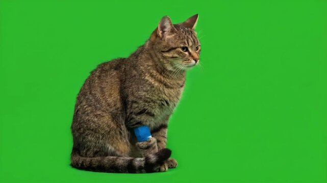Sad Tabby Cat with Hurt Paw, Bandage, and Green Screen Background Pet in studio.