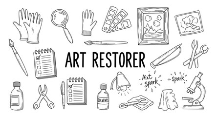 Art restorer tools and supplies for antique painting conservation and repair