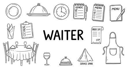 Fototapeta premium Collection of restaurant service icons and elements, hand-drawn style