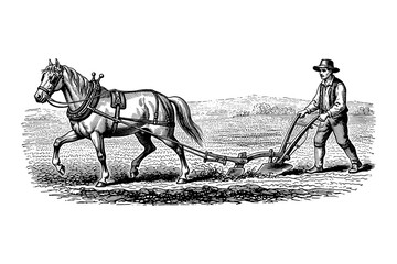 Vintage farming scene with horse and farmer using traditional plow in detailed engraving style