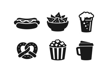 Collection of popular snack and drink icons, including hot dog, nachos, beer, pretzel, popcorn, and coffee cup