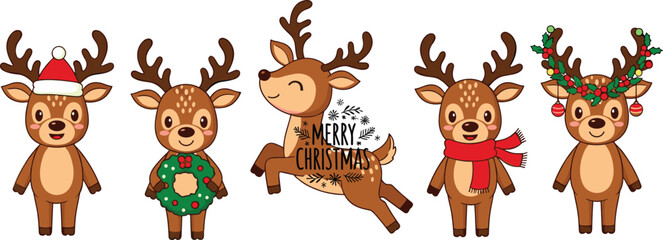 Cute Christmas reindeer characters with festive costumes, wreath, scarf and Merry Christmas decoration cartoon vector illustration set © Prodip