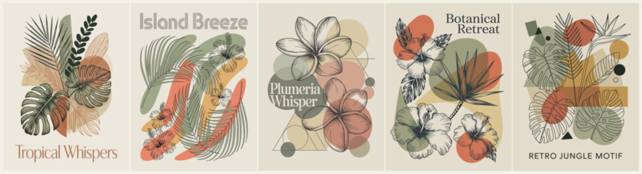 Set of tropical botanical posters with monstera, palm, hibiscus, and plumeria. Flat vector illustrations combine sketchy leaves, abstract shapes, and muted earthy tones.