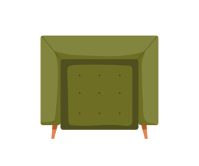 Armchair, top down view. Soft comfortable chair with upholstery. Modern cozy living room furniture from above, overhead. Retro style seat design. Flat vector illustration isolated on white background