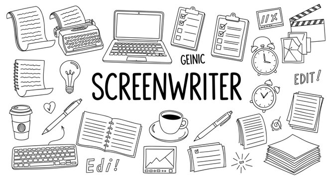 Creative process of a screenwriter with writing tools and symbols of inspiration