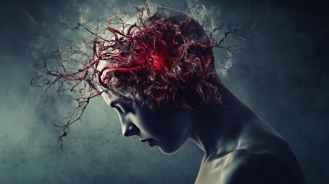 Migraine Visual Representation Showing a Womans Head with an Exploding Brain and Neurological Network Concept of Chronic Pain and Mental Health