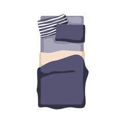 Bed, top down view. Bedroom furniture from above. Soft pillows, duvet on mattress. Unmade linen, bedclothes, blanket cover for interior design. Flat vector illustration isolated on white background © Good Studio