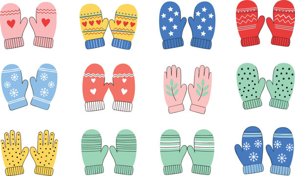 Cute colorful winter gloves and mittens collection with decorative patterns, cozy knitted handwear vector set isolated on light background