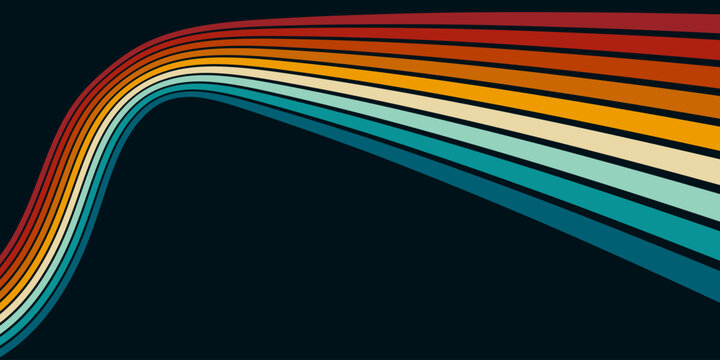Abstract colorful 70s background vector. Vintage retro wallpaper with rainbow stripes and wavy lines. A 1970 color illustration suitable for posters, banners, decorative items and wall art.