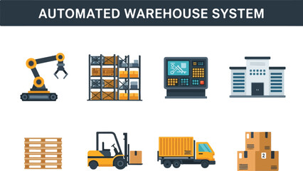 Automated warehouse diagram Features robot shelving control panel building pallets forklift truck and boxes © Lunatix Studio