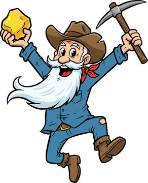 Cartoon gold miner holding gold nugget and pickaxe illustration, happy prospector character in cowboy hat celebrating mining discovery