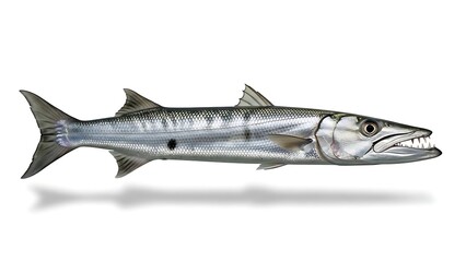 Naklejka premium Fresh silver barracuda fish isolated on white background high detail realistic seafood commercial food photography