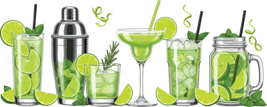 Fresh lime cocktails collection with margarita, mojito and iced drinks, refreshing citrus beverages vector illustration set