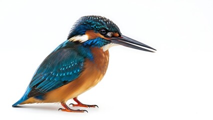 Fototapeta premium Vivid blue kingfisher bird perched on branch isolated white background wildlife nature photography