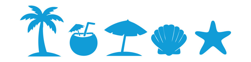 Set of blue tropical beach silhouettes: palm tree, coconut cocktail, beach umbrella, seashell, and starfish isolated on white background.