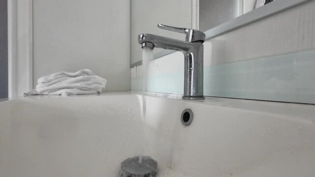 Nahaufnahme eines modernen verchromten Wasserhahns mit flie&szlig;endem Wasser in einem wei&szlig;en Waschbecken