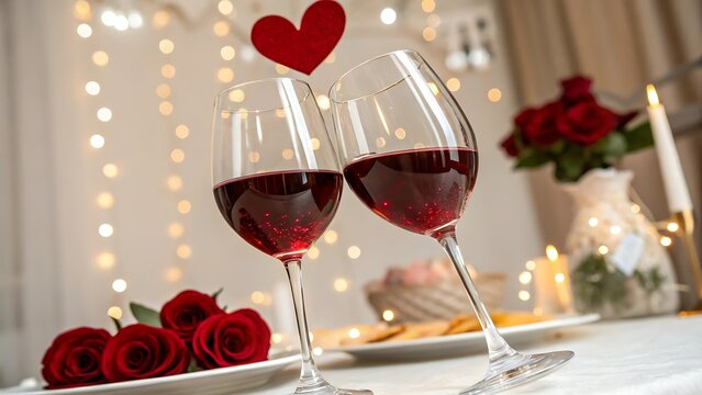 Two red wine glasses toasting with a red heart above on white background With shadow. AI GENERATED.